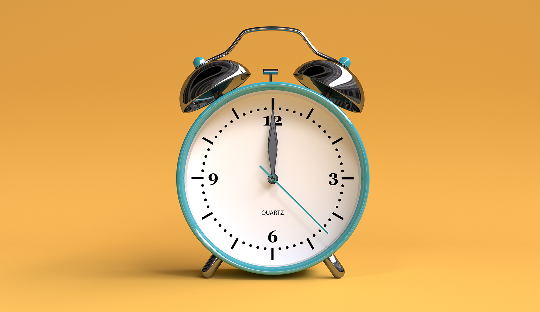 old alarm clock on yellow background - 12 o'clock - 3d illustration rendering